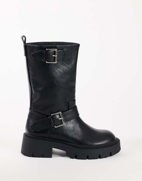 Topshop Lincon grova boots till mitten av vaden med spännen i svart - view 1