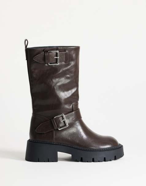 Topshop Lincon robuster Stiefel bis zur Wade mit Schnallen in Schokobraun - view 1