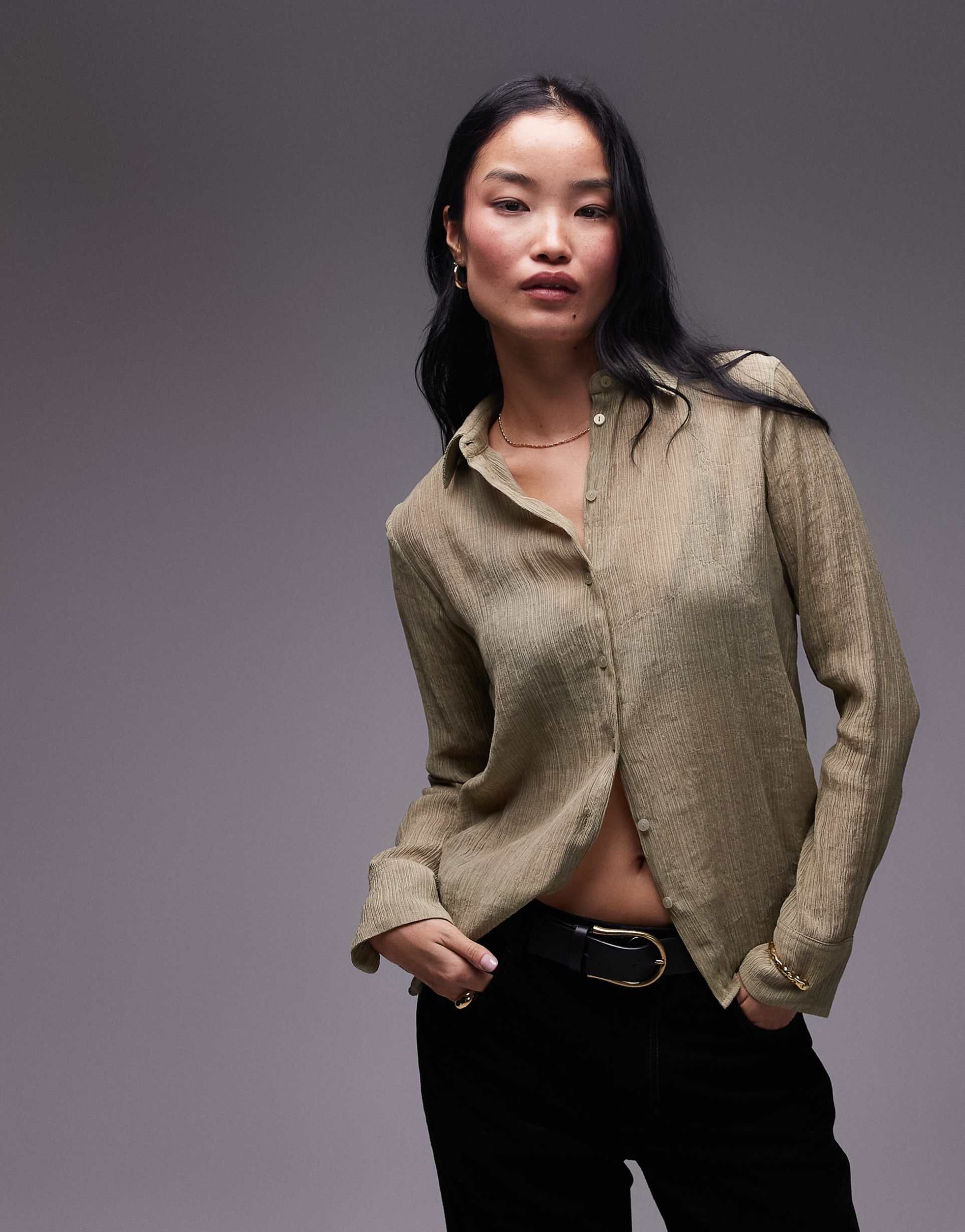 topshop linear textured shirt in green
