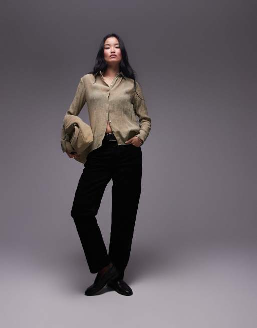 Topshop linear textured shirt in green