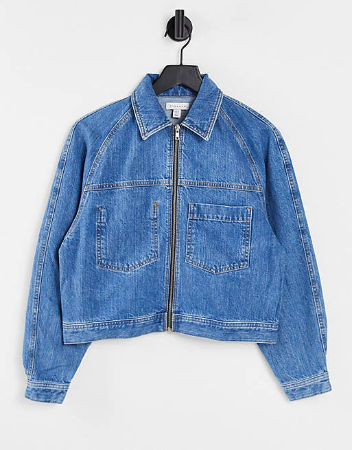 Topshop lined boxy crop denim jacket in mid blue