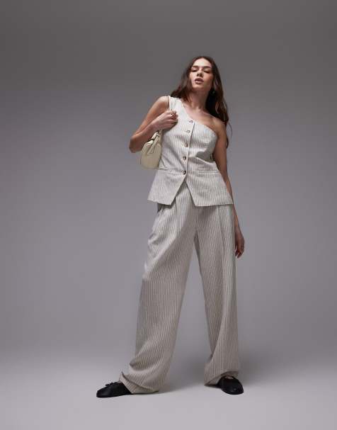 Topshop linen 3-piece suit in cream pinstripe - view 1