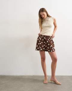 Linen A line polka dot short in brown