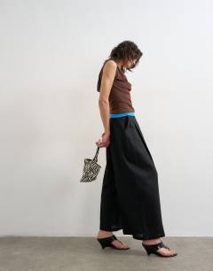 Linen A line wide leg trouser in black
