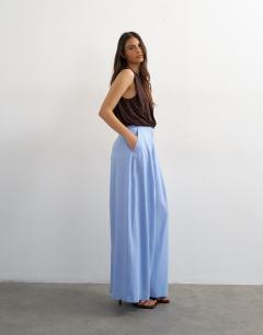 Model wearing Linen A line wide leg trouser in light blue