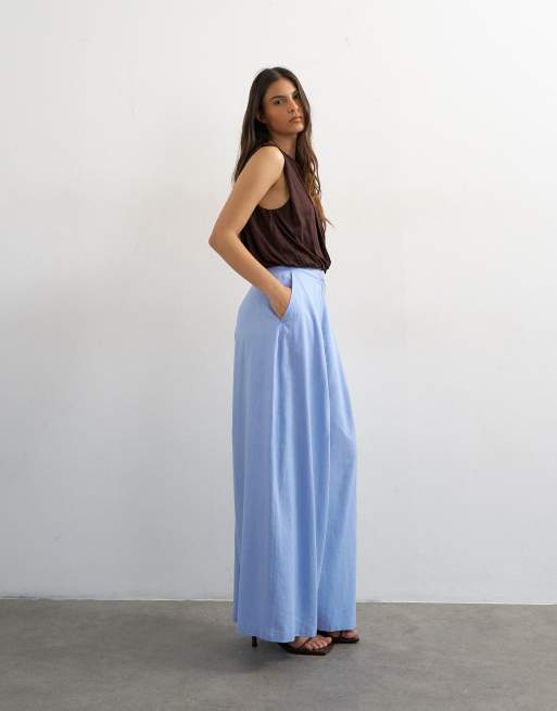 Topshop linen A line wide leg trouser in light blue, 5 of 5