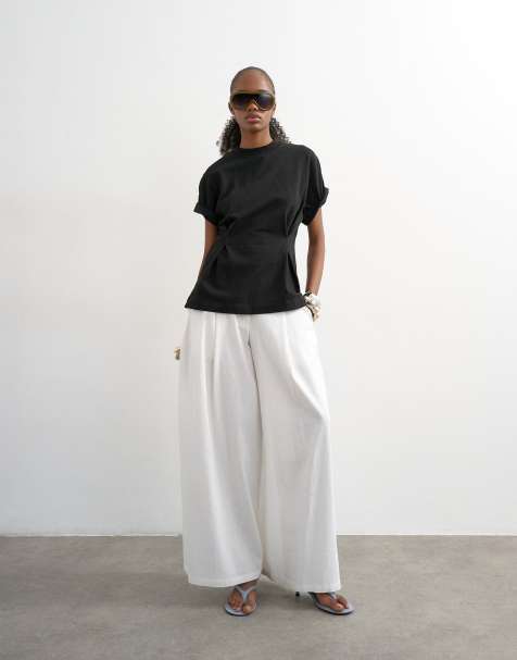 Topshop linen A line wide leg trouser in white - view 1