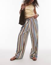 Topshop linen balloon pants in blue multi stripe