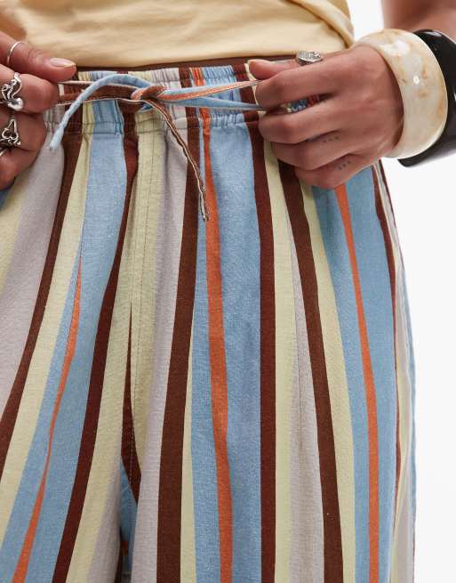 Topshop linen balloon pants in blue multi stripe