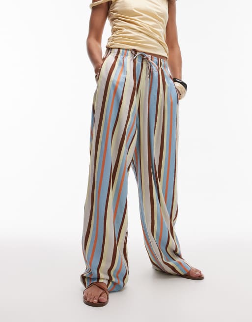 Topshop linen balloon pants in blue multi stripe