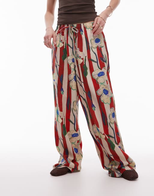 Topshop linen balloon red stripe floral stripe pants