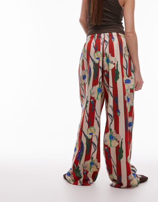 Topshop linen balloon red stripe floral stripe pants