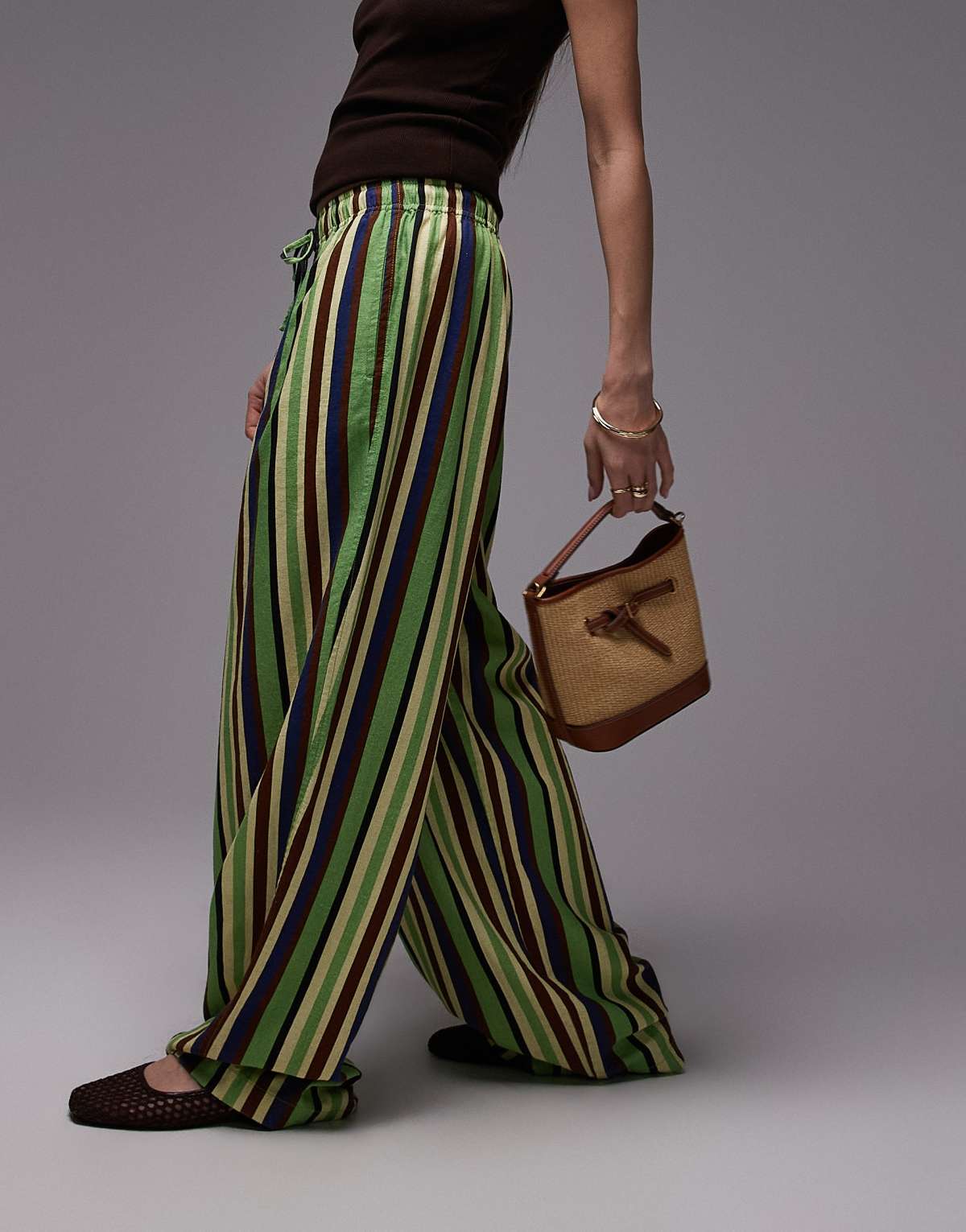 Topshop linen balloon trouser in green variegated stripe