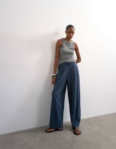 Linen balloon trouser with tie waist in slate