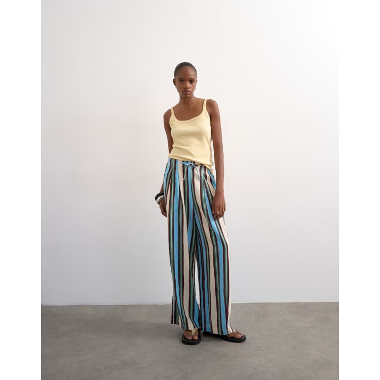 Topshop linen balloon trouser with tie waist in verigated stripes