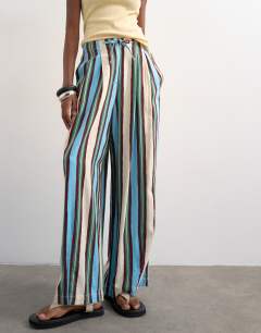 Model wearing Linen balloon trouser with tie waist in verigated stripes