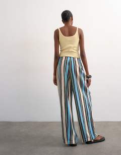 Model wearing Linen balloon trouser with tie waist in verigated stripes