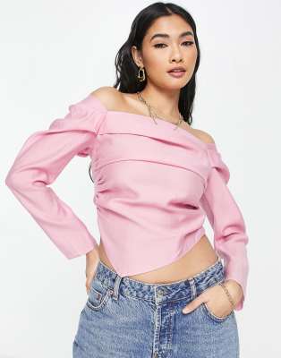 Topshop linen bardot top in pink - ASOS Price Checker