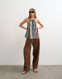 Linen barrel leg trouser in brown