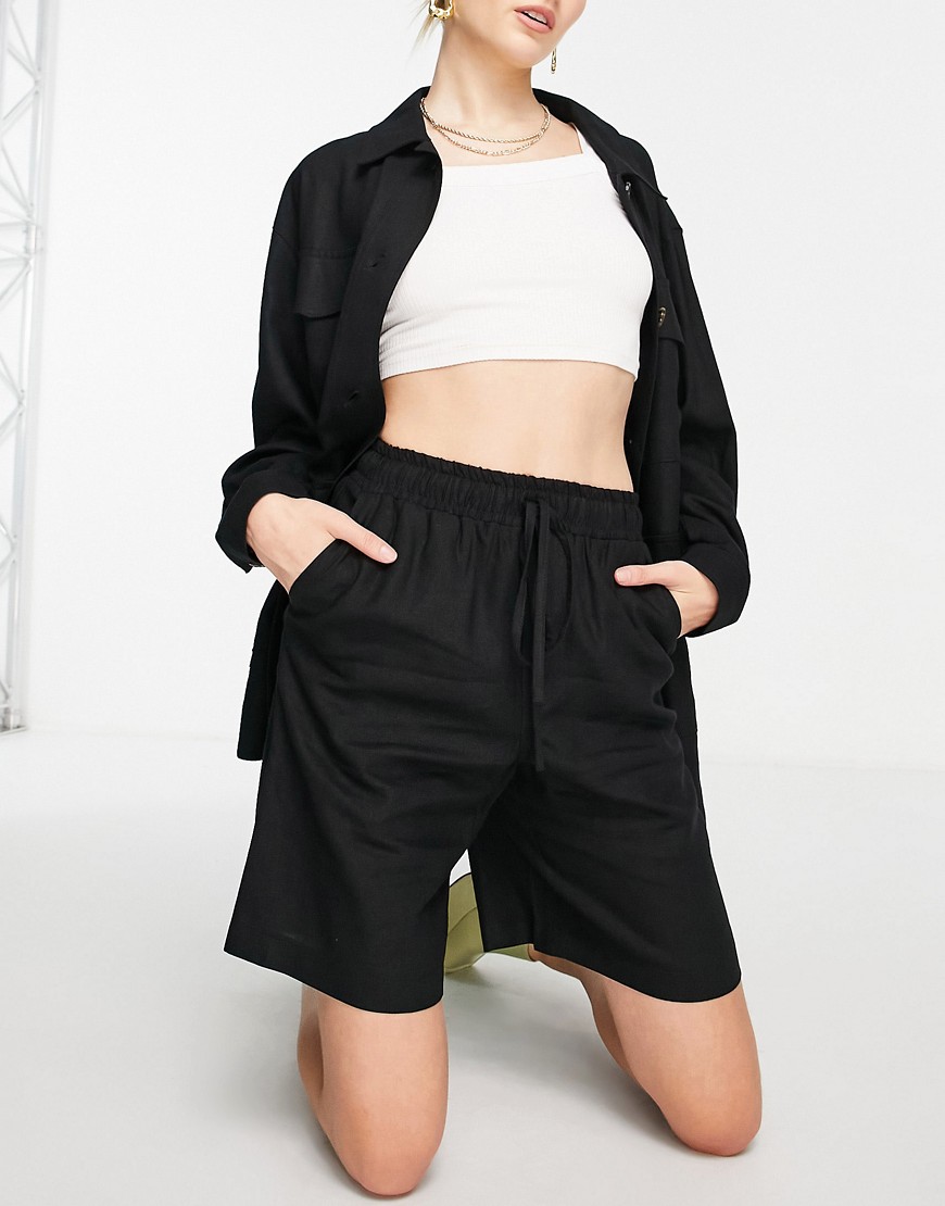 Topshop linen bermuda shorts in black