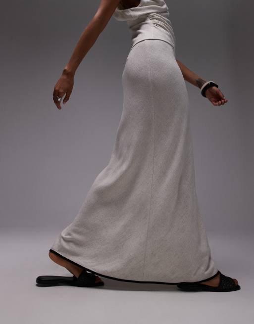 Topshop linen bias cut maxi skirt in natural with black piping, 2 of 5