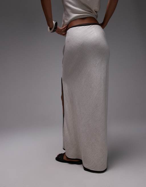 Topshop linen bias cut maxi skirt in natural with black piping, 3 of 5