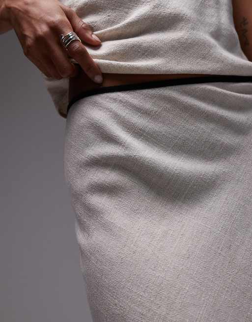 Topshop linen bias cut maxi skirt in natural with black piping, 4 of 5