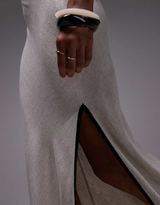 Topshop linen bias cut maxi skirt in natural with black piping, 5 of 5