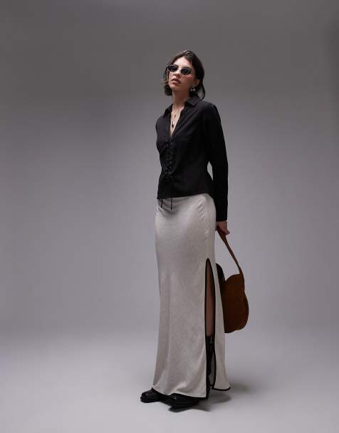 Topshop linen bias maxi skirt in natural with black piping - view 1