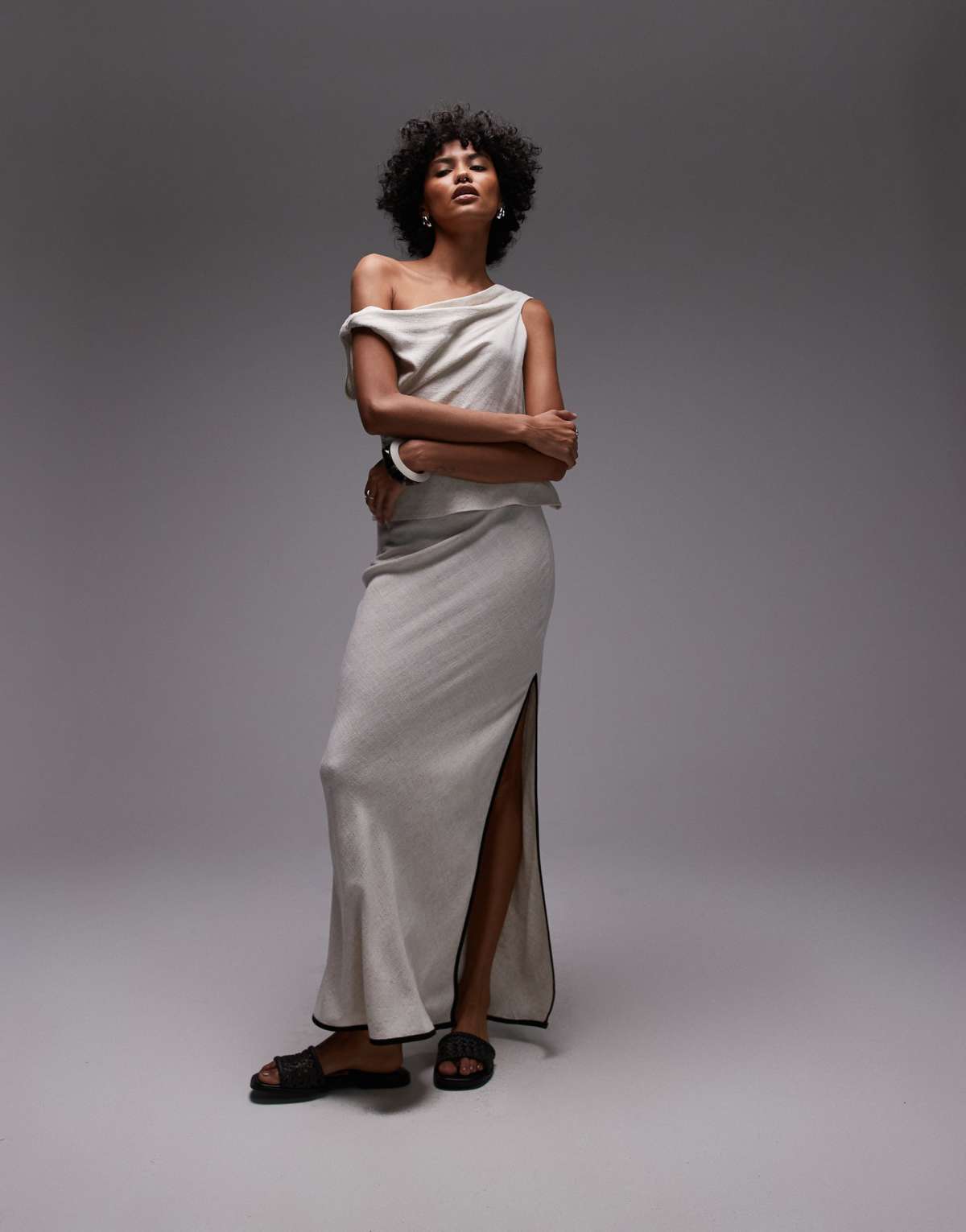 Topshop linen bias maxi skirt in natural with black piping