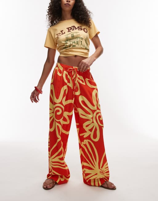 Topshop linen blend balloon pants in bright orange abstract floral print