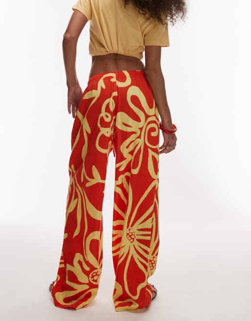 Topshop linen blend balloon pants in bright orange abstract floral print