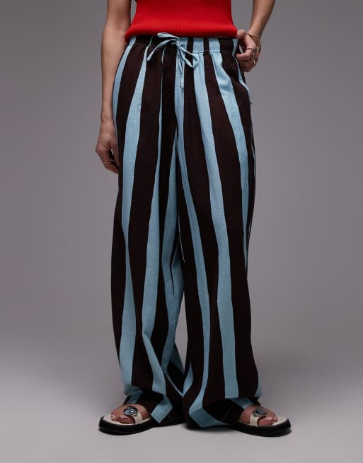 Topshop linen blend balloon pants in turquoise bold stripe