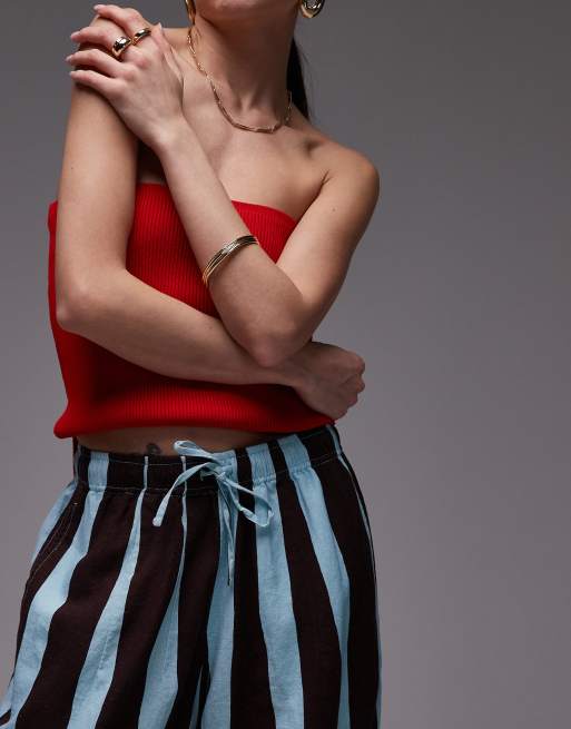 Topshop linen blend balloon pants in turquoise bold stripe