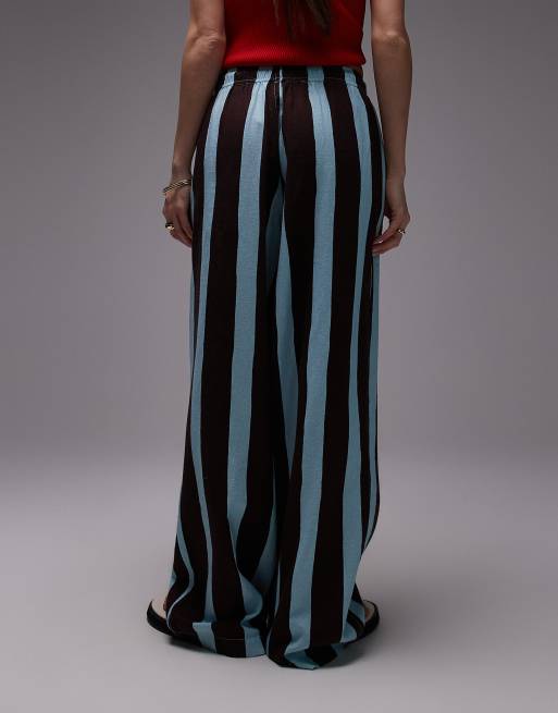 Topshop linen blend balloon pants in turquoise bold stripe