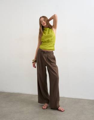 Topshop linen blend balloon pants with tie waist in chocolate chocolate 13490₽