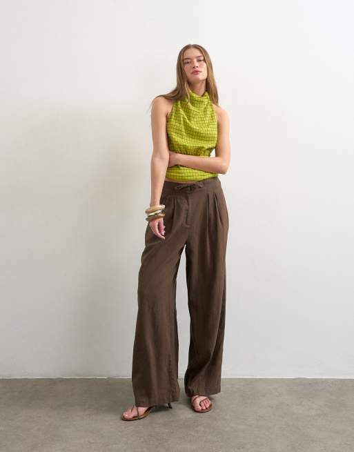Topshop linen blend balloon pants with tie waist in chocolate, 3 of 5