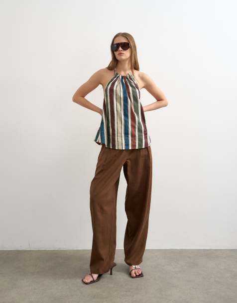 Topshop linen blend barrel leg pants in brown - view 1