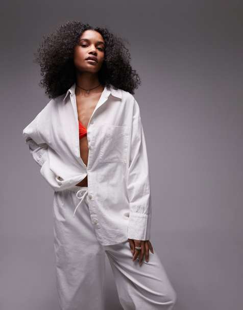 Topshop linen blend beach shirt in white (part of a set) - view 1
