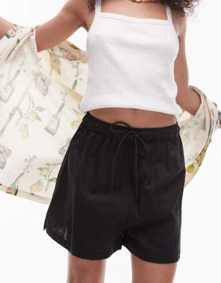 Topshop Linen Blend Beach Shorts In Black - Part Of A Set