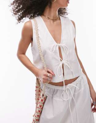 Topshop Linen Blend Beach Tie Front Top In White - Part Of A Set