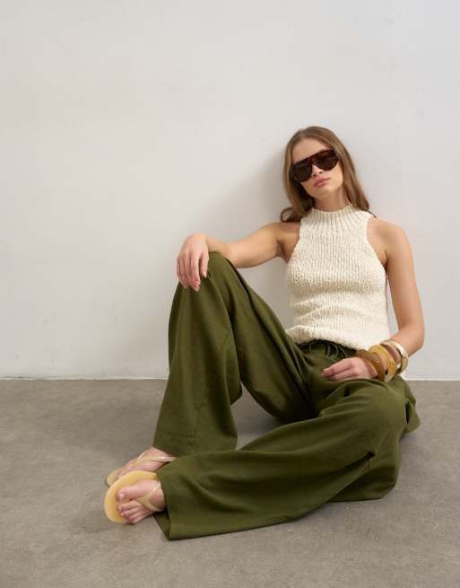 Topshop linen blend cargo pants in khaki green, 2 of 5