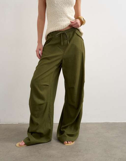 Topshop linen blend cargo pants in khaki green, 3 of 5