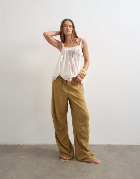 Topshop linen blend cargo pants in tan - view 1