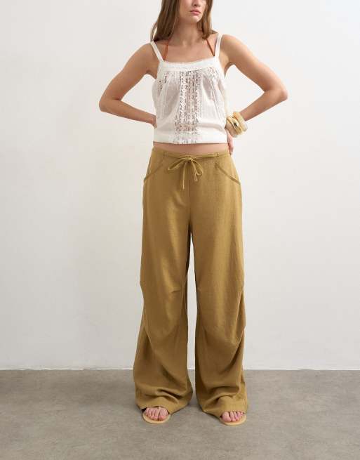 Topshop linen blend cargo pants in tan, 2 of 5