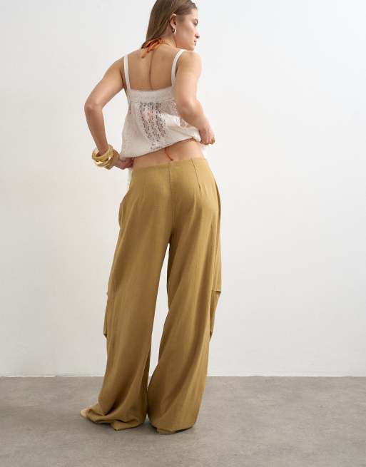 Topshop linen blend cargo pants in tan, 5 of 5