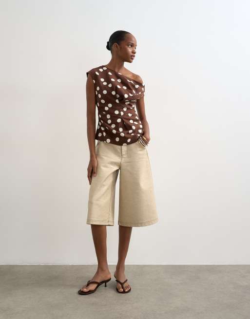 Topshop linen blend cinched waist asymmetric twisted shoulder top in chocolate polka dots, 4 of 4