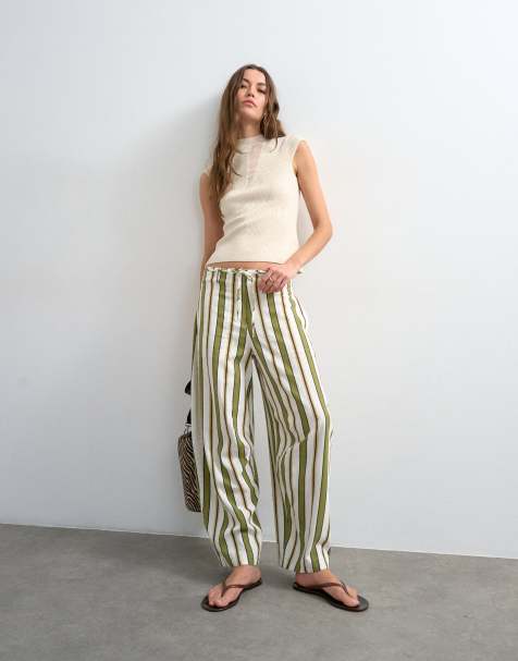 Topshop linen blend clean tie waist barrel leg pants in green stripes - view 1