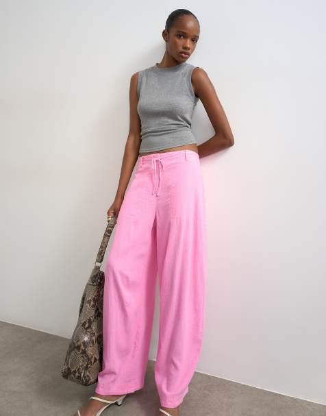 Topshop linen blend clean tie waist barrel leg pants in pink - view 1
