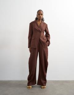 Linen blend co ord occasion barrel leg trouser in chocolate